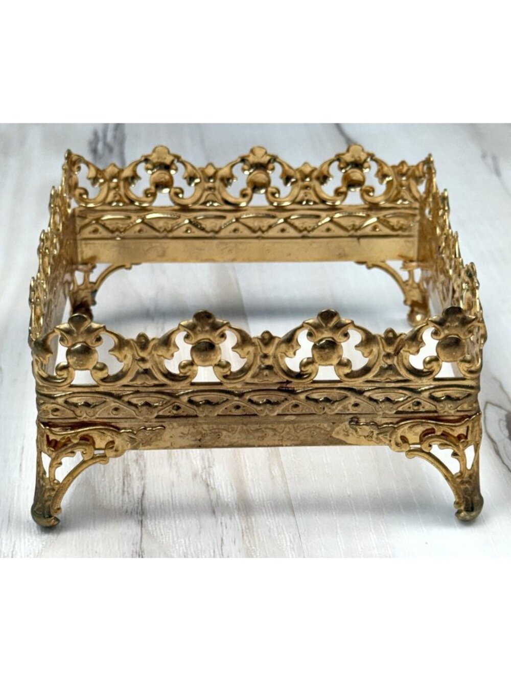 VTG MCM 4.5" Square Metal Goldtone Gilded TISSUE BOX HOLDER Hollywood Regency